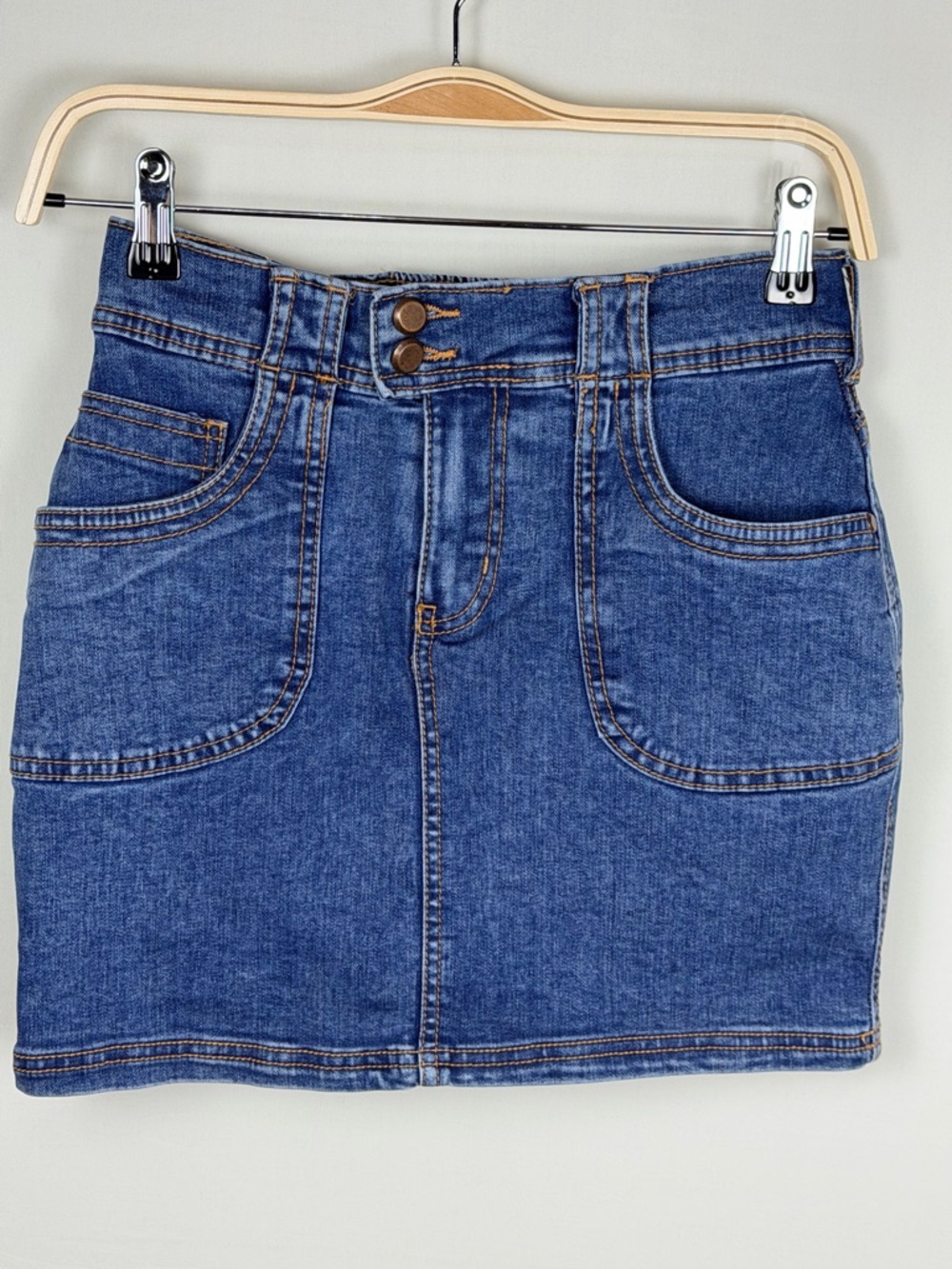 Love Trends Denim Mini Skirt Skort Size 5 Y2K Blue Double Button Bow Detail